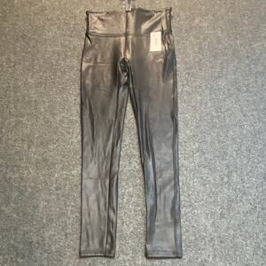 New Spanx Black Faux Leather Black Leggings Size Medium Petite Stretch High Rise